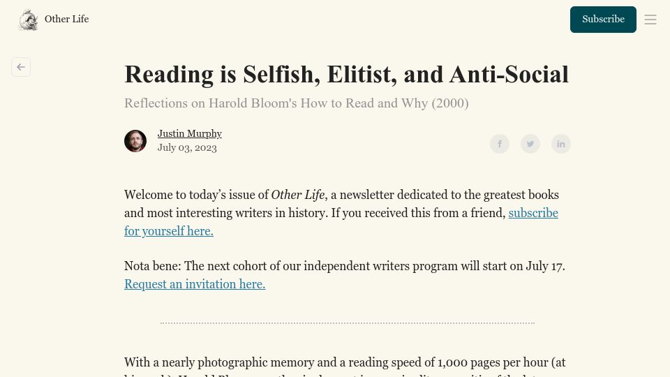Screenshot of otherlife.co: Reading is selfish, elitist, and anti-social