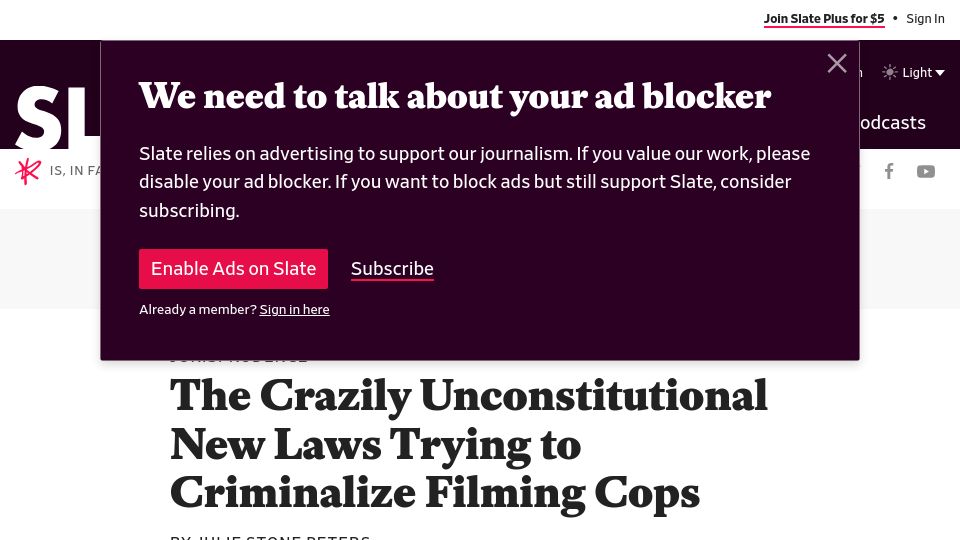 Screenshot of slate.com: The Crazily Unconstitutional New Laws Trying to Criminalize Filming Cops