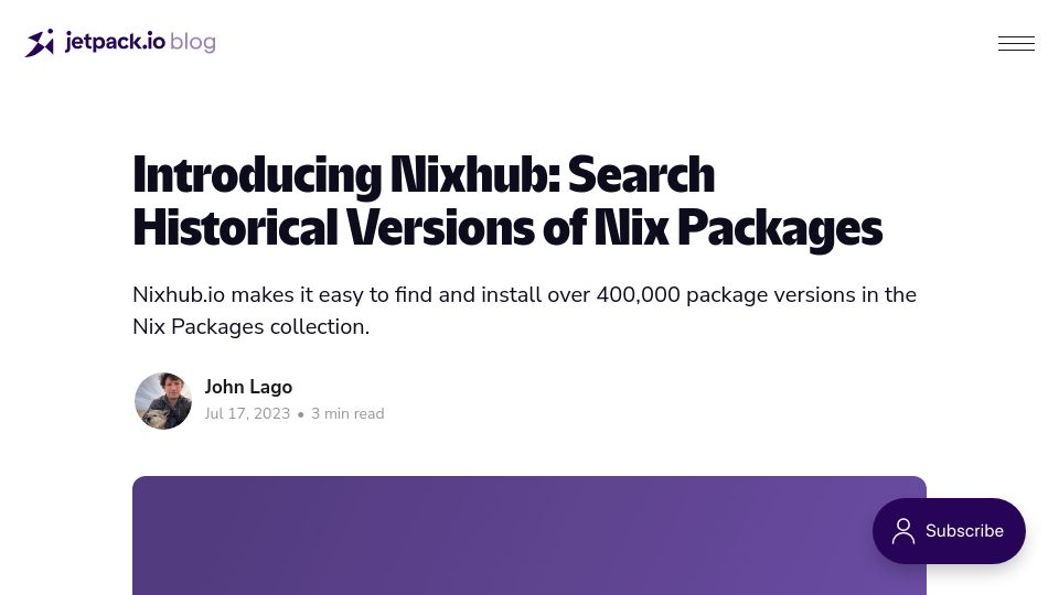 Screenshot of jetpack.io: Nixhub: Search Historical Versions of Nix Packages
