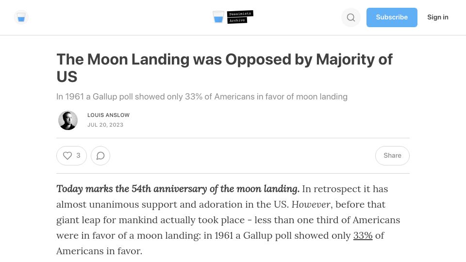 Screenshot of newsletter.pessimistsarchive.org: In 1961 a Gallup poll showed only 33% of Americans in favor of moon landing