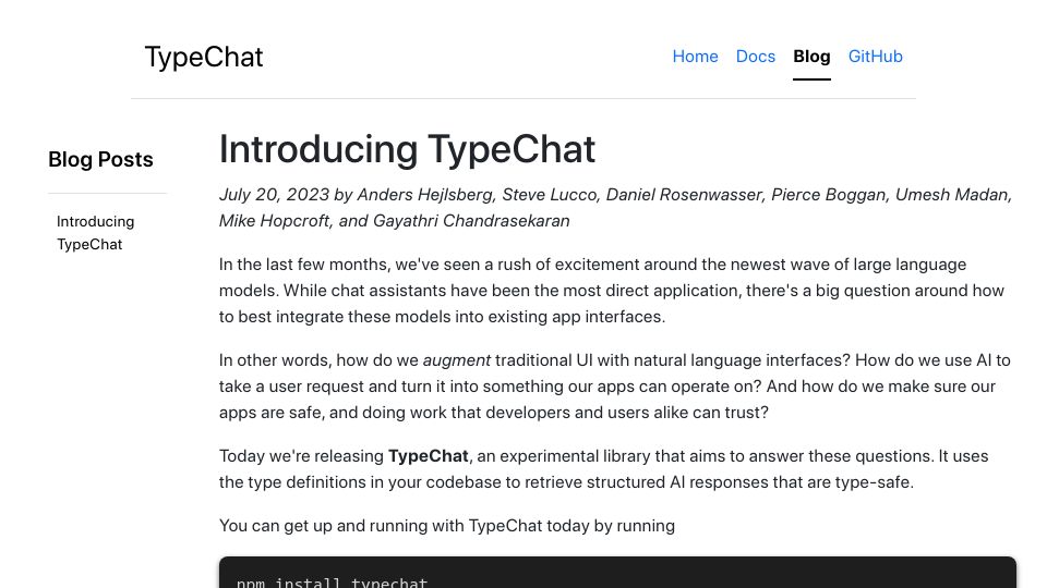 Screenshot of microsoft.github.io: TypeChat