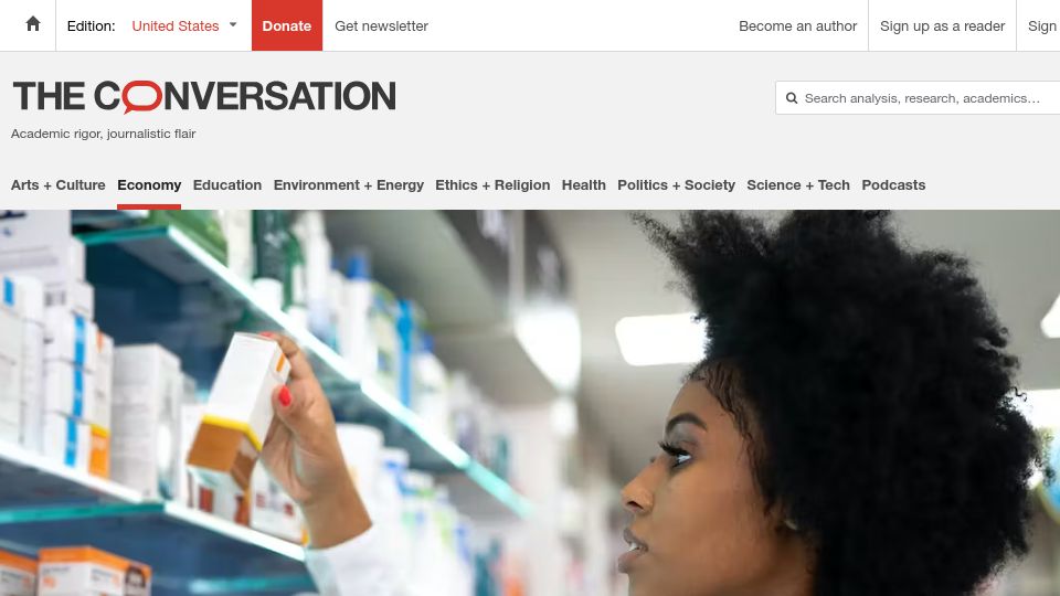 Screenshot of theconversation.com: Why hundreds of decades-old yet vital drugs are nearly impossible to find