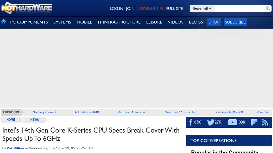 Screenshot of hothardware.com: Intel's 14th Gen Core K-Series CPU Specs Break Cover with Speeds Up to 6GHz