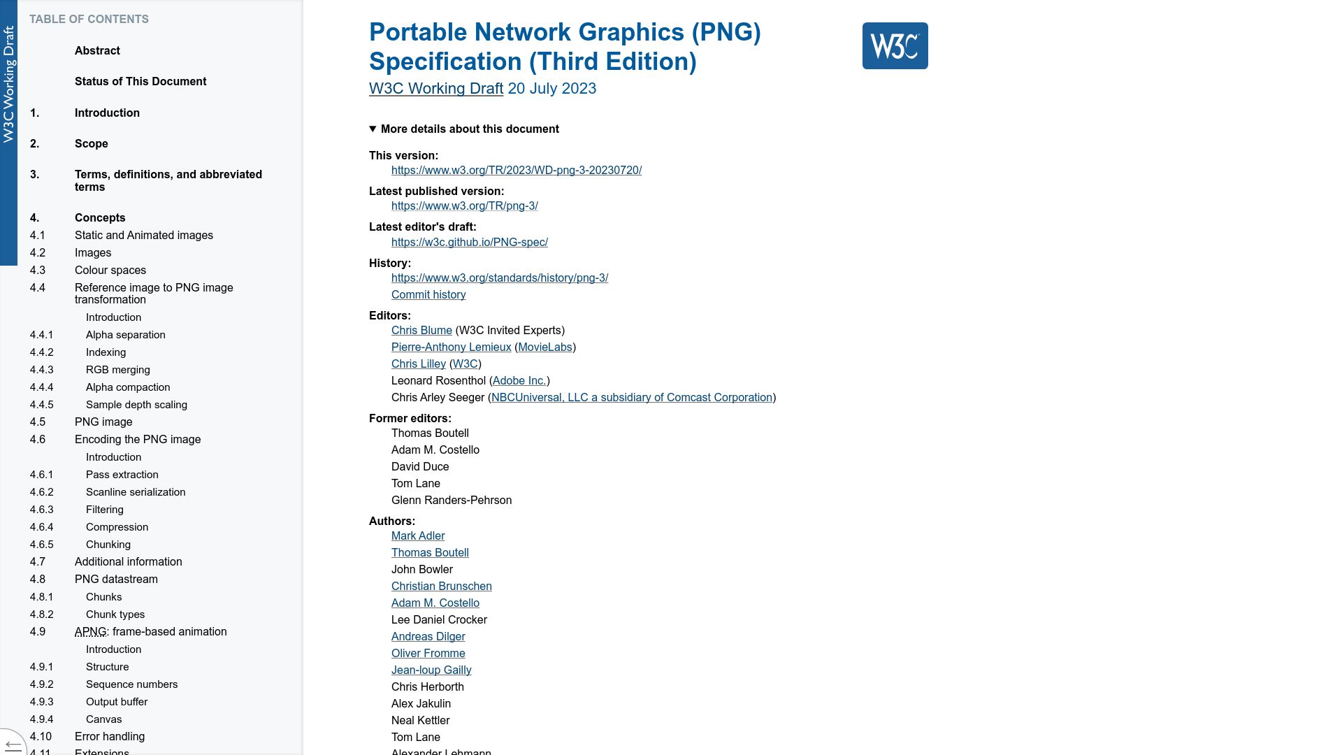 Screenshot of w3.org: PNG Specification (Third Edition) W3C Working Draft 20 July 2023