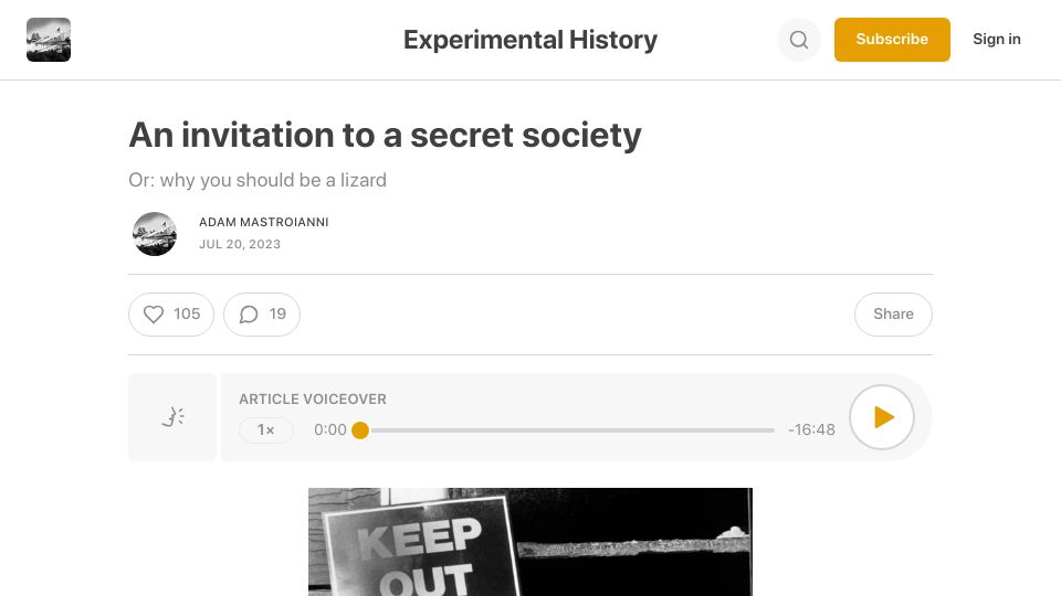Screenshot of experimental-history.com: An invitation to a secret society