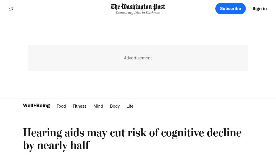 Screenshot of washingtonpost.com: Hearing aids may cut risk of cognitive decline by nearly half