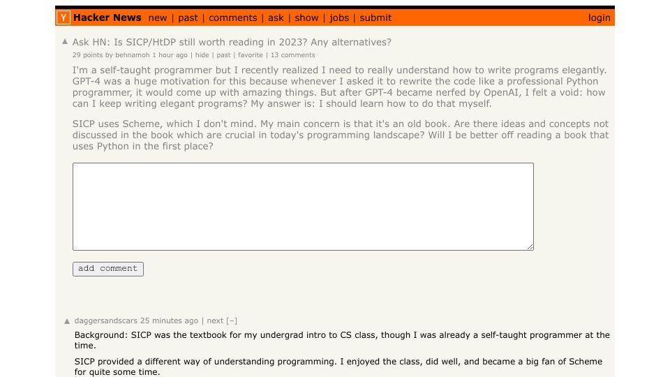 Screenshot of Hacker News post: Ask HN: Is SICP/HtDP still worth reading in 2023? Any alternatives?
