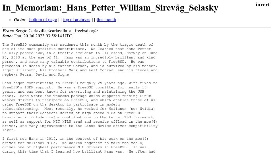 Screenshot of lists.freebsd.org: In Memoriam: Hans Petter William Sirevåg Selasky