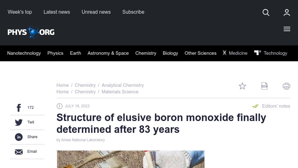 Screenshot of phys.org: Structure of elusive boron monoxide finally determined after 83 years