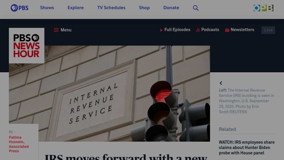 Screenshot of pbs.org: IRS moves forward with a new free-file tax return system
