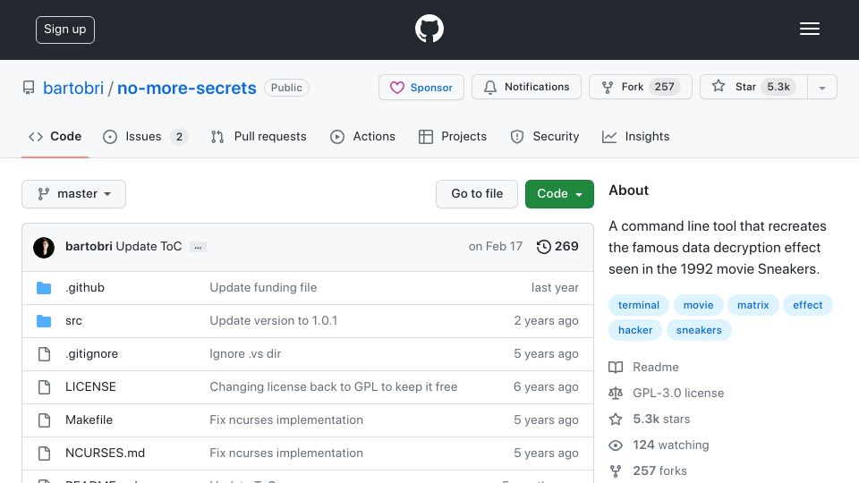 Screenshot of github.com: No-more-secrets: recreate the decryption effect seen in the 1992 movie Sneakers
