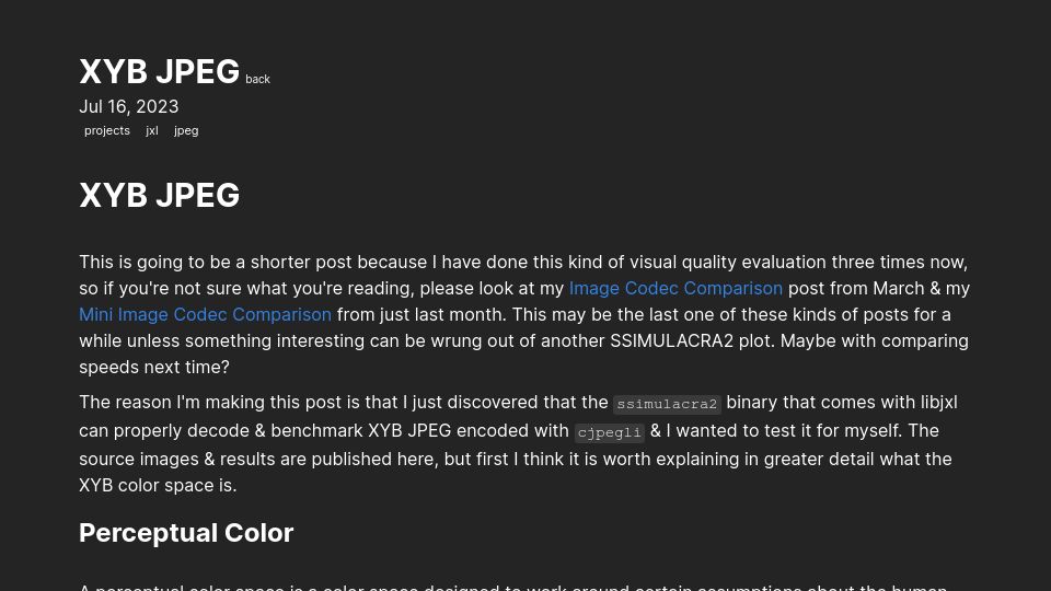 Screenshot of giannirosato.com: XYB JPEG: Perceptual Color Encoding Tested