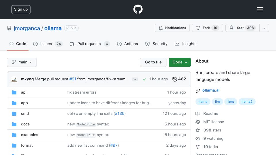 Screenshot of github.com: Show HN: Ollama – Run LLMs on your Mac