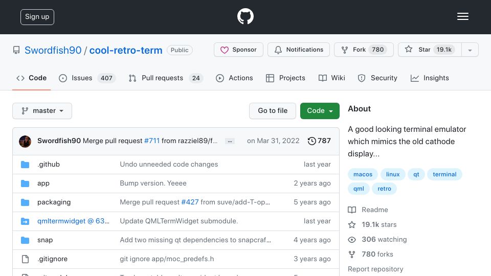 Screenshot of github.com: Cool Retro Terminal