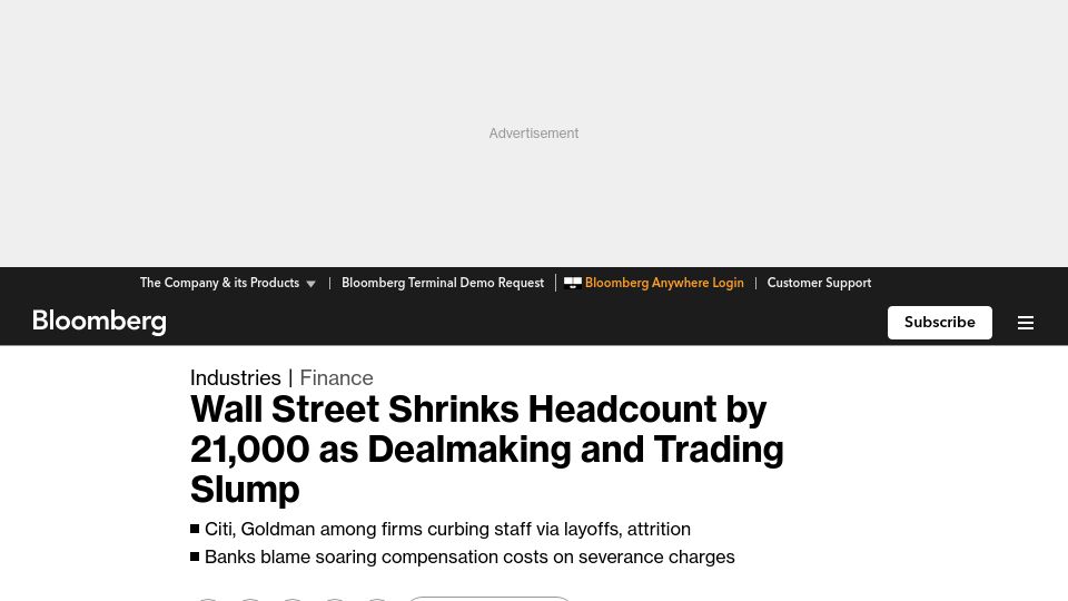 Screenshot of bloomberg.com: Wall Street Shrinks Headcount by 21,000 as Dealmaking and Trading Slump