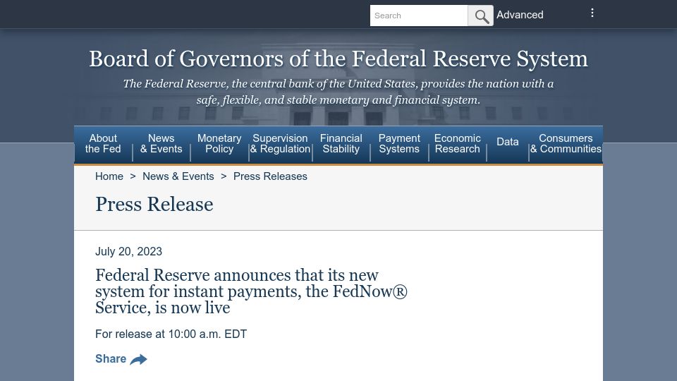 Screenshot of federalreserve.gov: FedNow Is Live