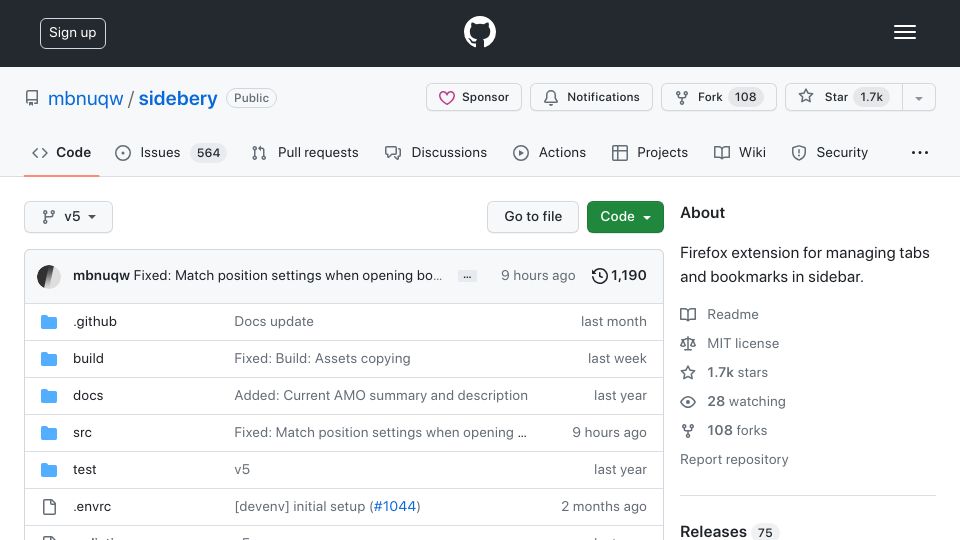 Screenshot of github.com: Sidebery – A Firefox extension for managing tabs and bookmarks in sidebar