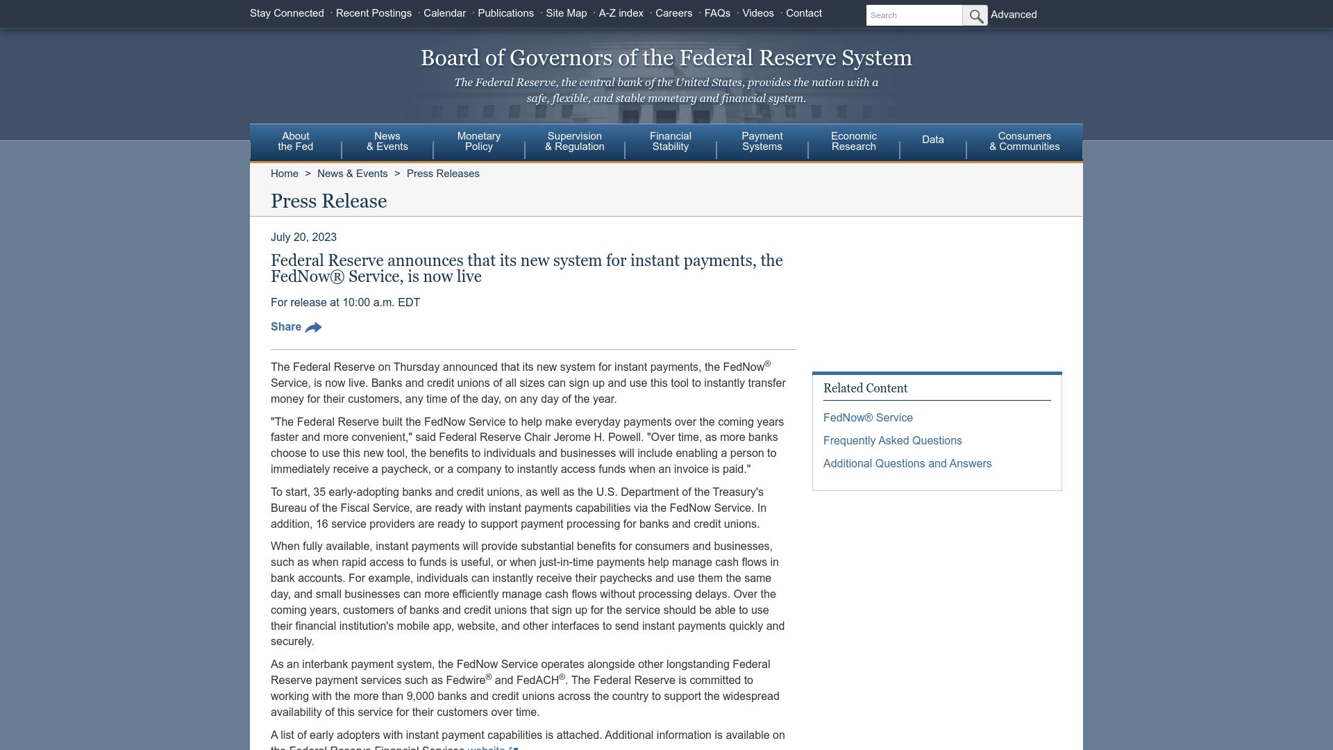 Screenshot of federalreserve.gov: FedNow Is Live