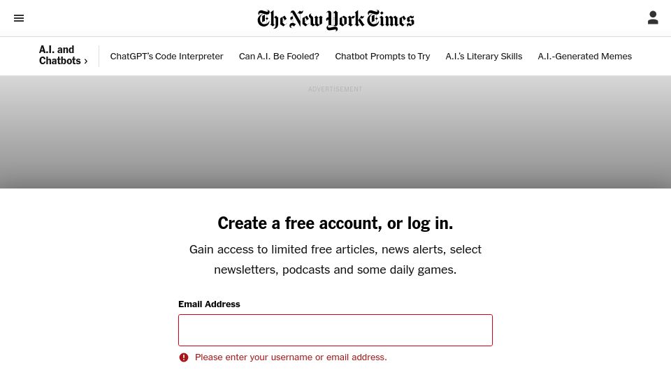 Screenshot of nytimes.com: Google tests A.I. tool that is able to write news articles