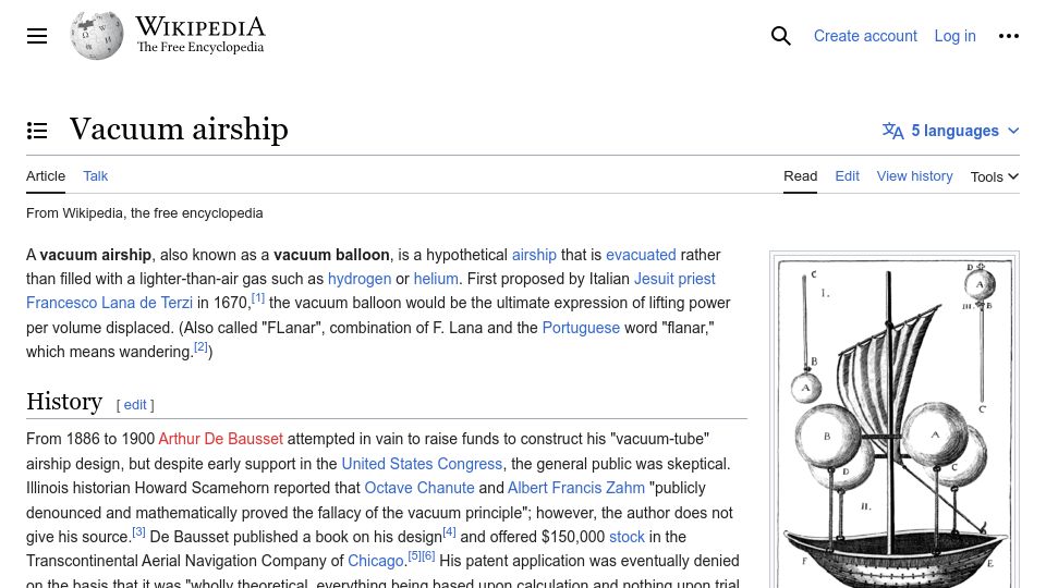 Screenshot of en.wikipedia.org: Vacuum airship