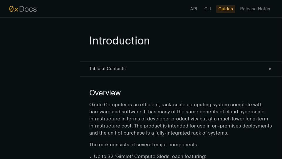 Screenshot of docs.oxide.computer: Oxide Computer: Docs