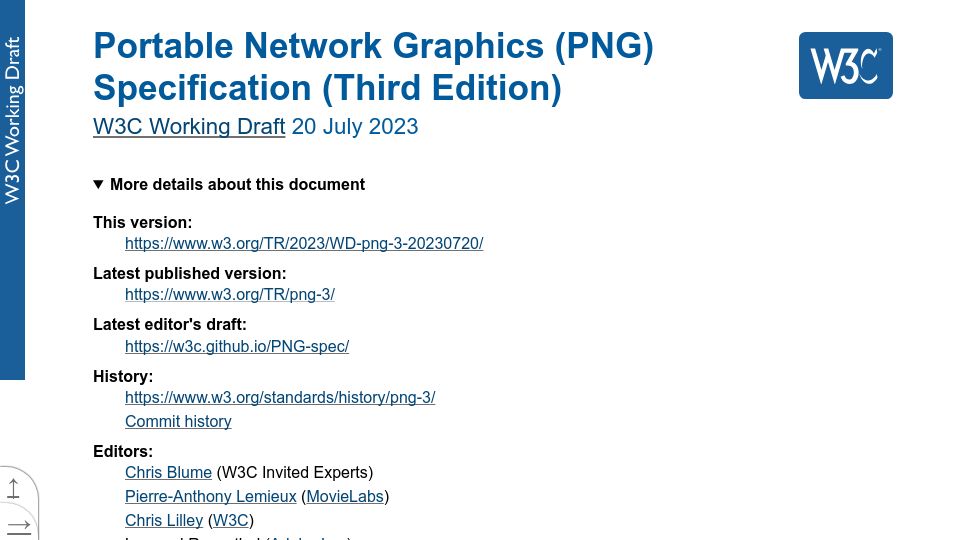 Screenshot of w3.org: PNG Specification (Third Edition) W3C Working Draft 20 July 2023