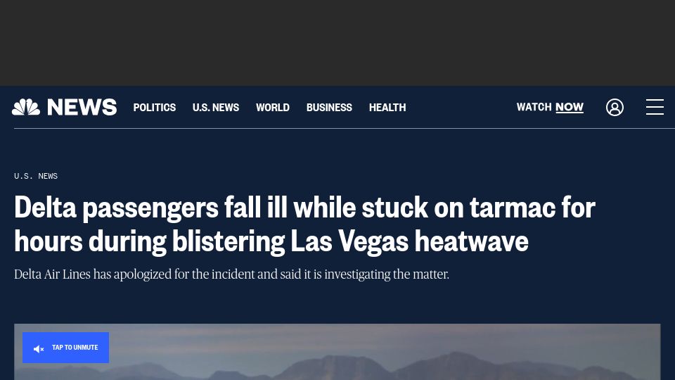 Screenshot of nbcnews.com: Delta passengers fall ill while stuck for hours during blistering Vegas heatwave