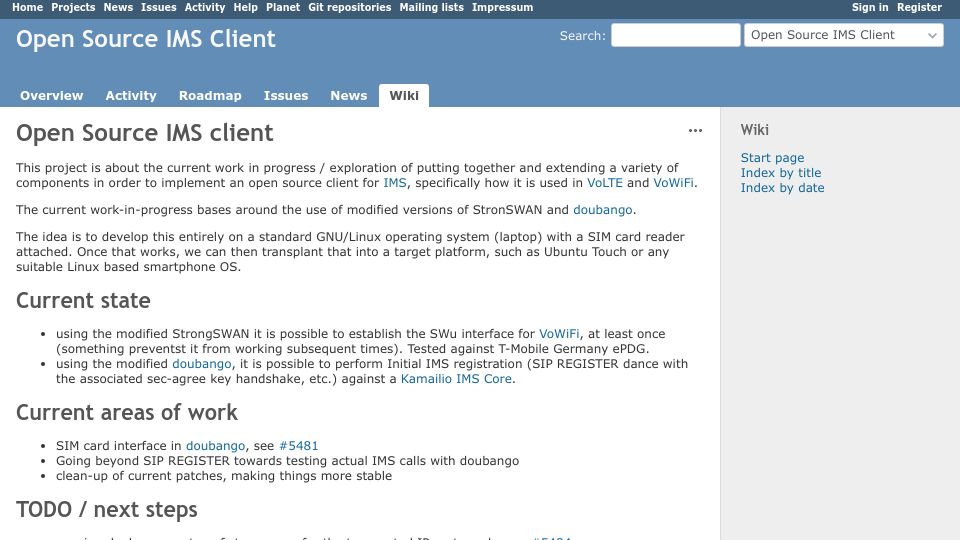 Screenshot of projects.osmocom.org: Open Source IMS Client