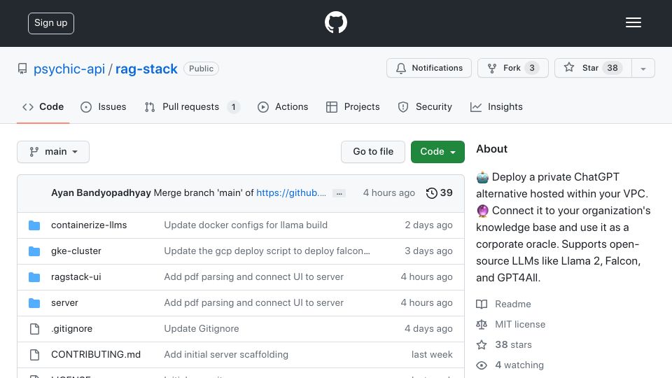 Screenshot of github.com: Show HN: RAGstack – private ChatGPT for enterprise VPCs, built with Llama 2