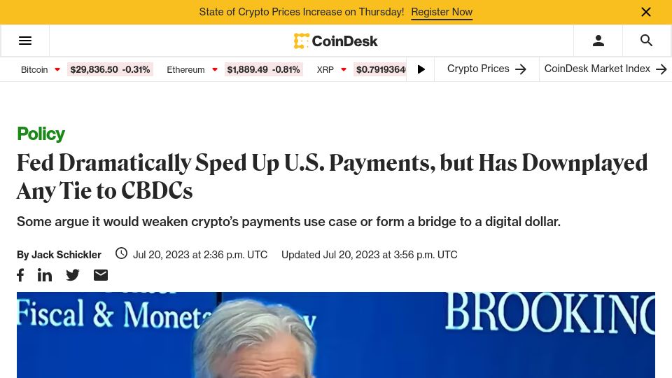 Screenshot of coindesk.com: Fed Opens Service That Dramatically Speeds Up U.S. Payments