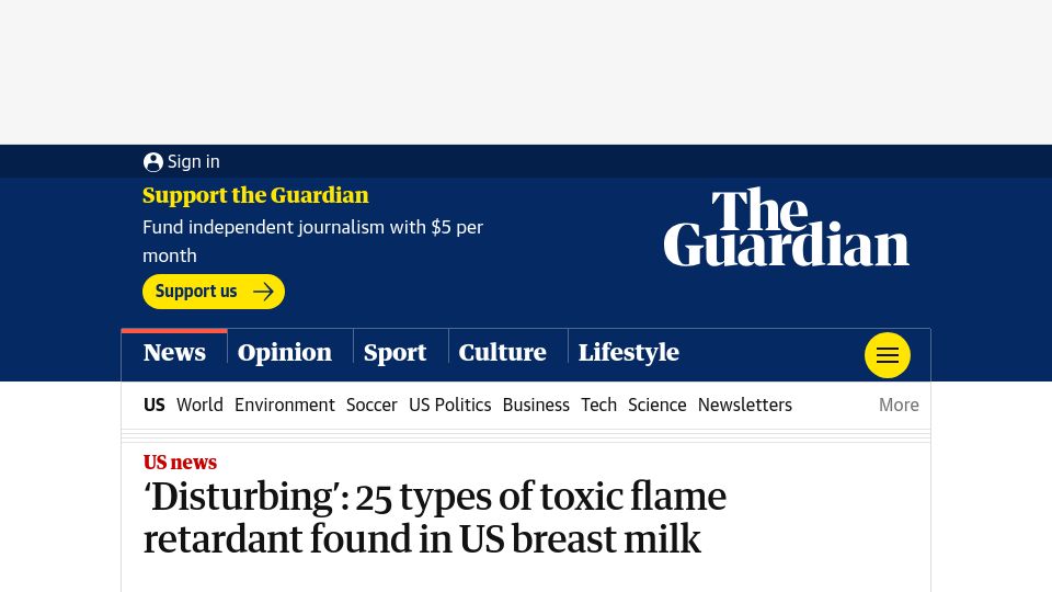Screenshot of theguardian.com: Flame retardant found in US breast milk