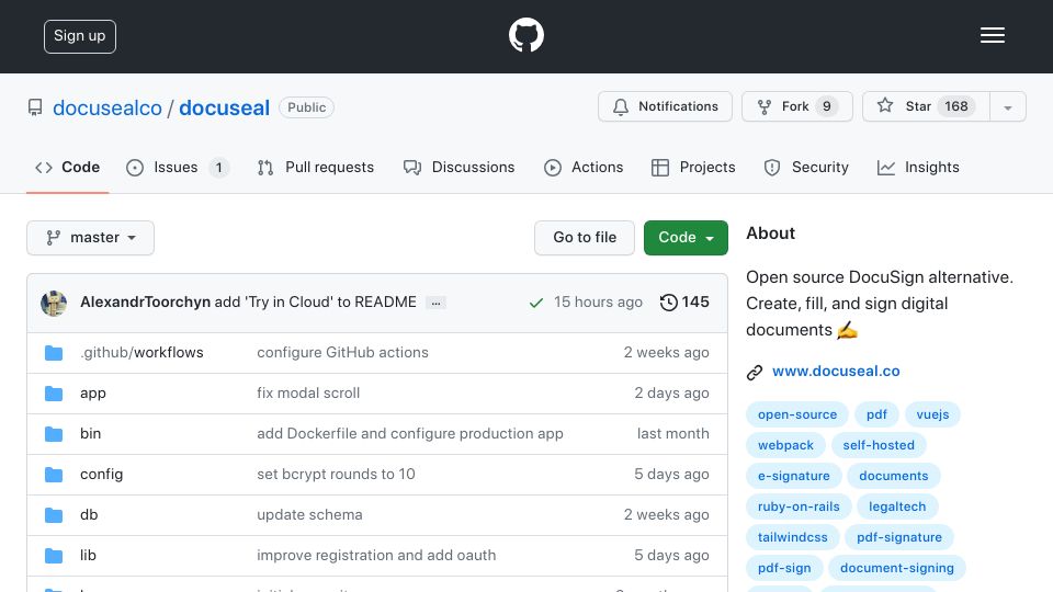 Screenshot of github.com: Docuseal: Open-source DocuSign alternative