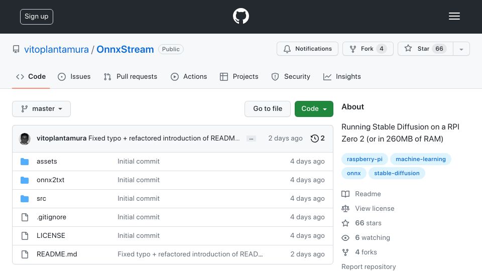 Screenshot of github.com: Running Stable Diffusion in 260MB of RAM