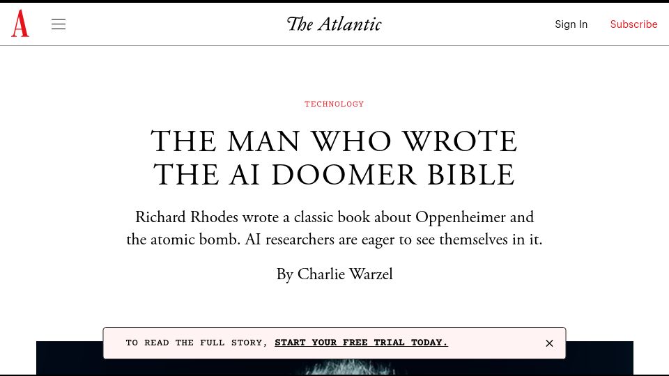 Screenshot of theatlantic.com: Richard Rhodes wrote a classic book about Oppenheimer and the atomic bomb