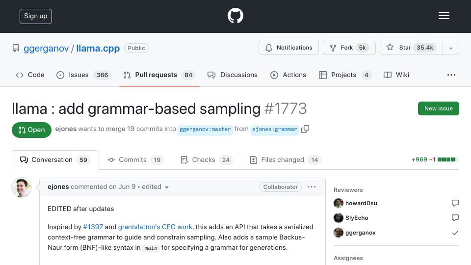 Screenshot of github.com: Llama: Add grammar-based sampling