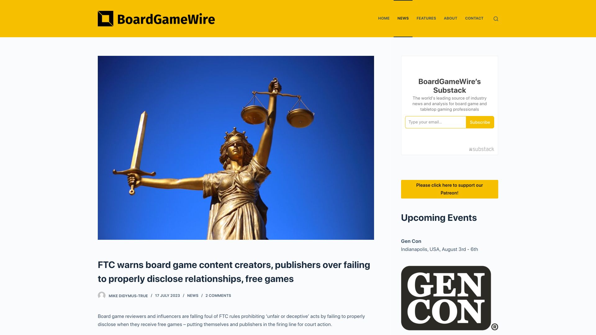 Screenshot of boardgamewire.com: FTC warns board game content creators, publishers to disclose relationships