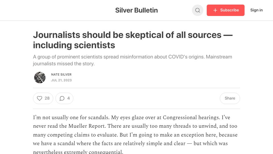 Screenshot of natesilver.substack.com: Journalists should be skeptical of all sources including scientists