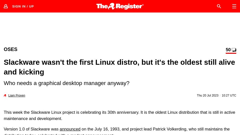Screenshot of theregister.com: Slackware Linux distribution turns 30 years old