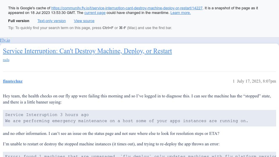 Screenshot of webcache.googleusercontent.com: Fly.io Postgres cluster down for 3 days, no word from them about it