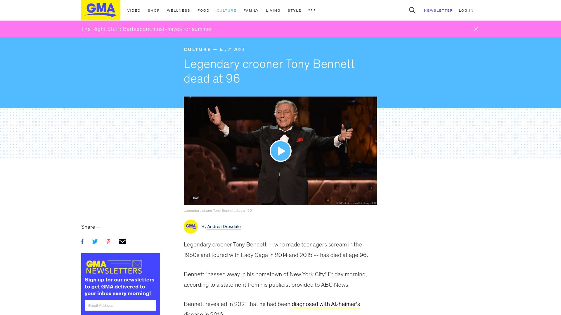 Screenshot of goodmorningamerica.com: Tony Bennett has died