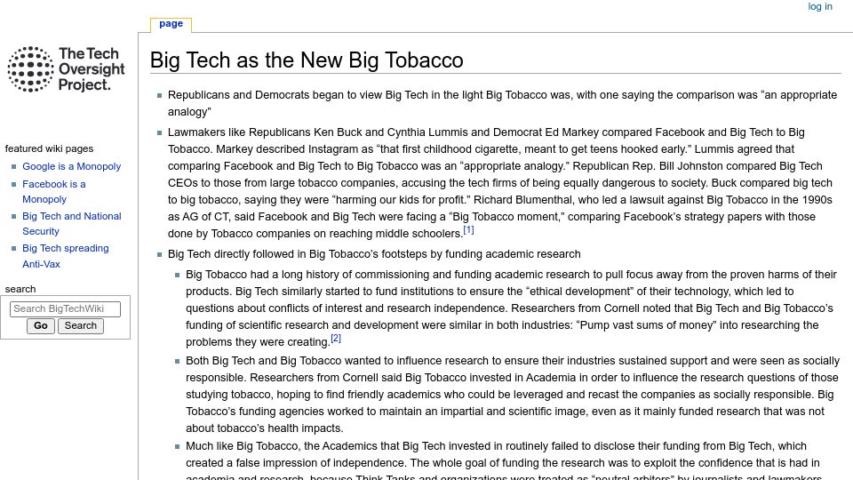 Screenshot of bigtechwiki.com: Big Tech as the New Big Tobacco