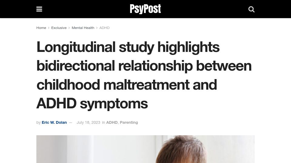 Screenshot of psypost.org: Longitudinal study on the relationship between childhood maltreatment and ADHD