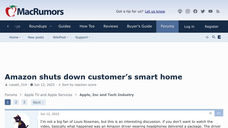 Screenshot of forums.macrumors.com: Amazon shuts down customer’s smart home