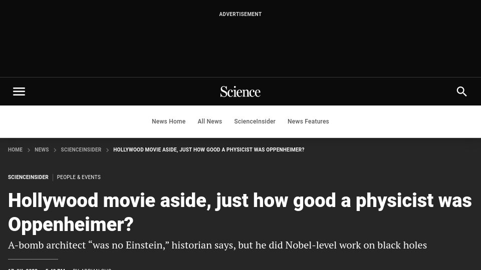Screenshot of science.org: Hollywood movie aside, just how good a physicist was Oppenheimer?