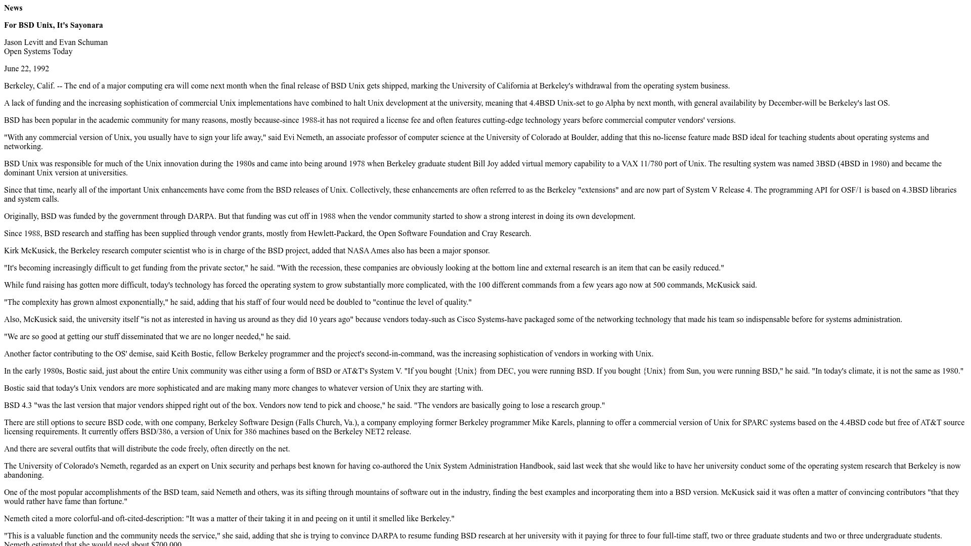 Screenshot of tech-insider.org: For BSD Unix, It's Sayonara (1992)