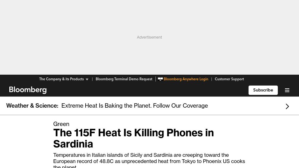 Screenshot of bloomberg.com: The 115F Heat Is Killing Phones in Sardinia