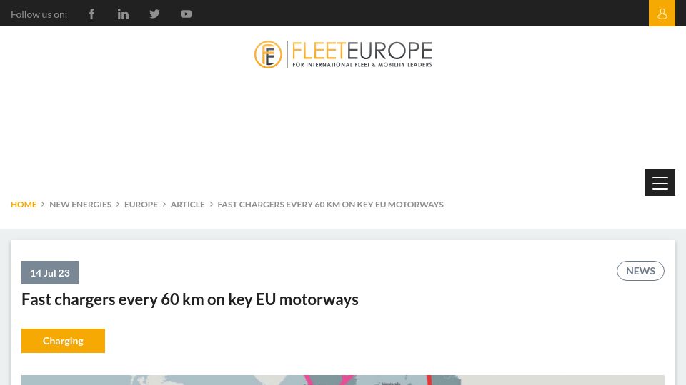 Screenshot of fleeteurope.com: By 2028 there must be fast chargers every 60 km on the EU’s key motorways