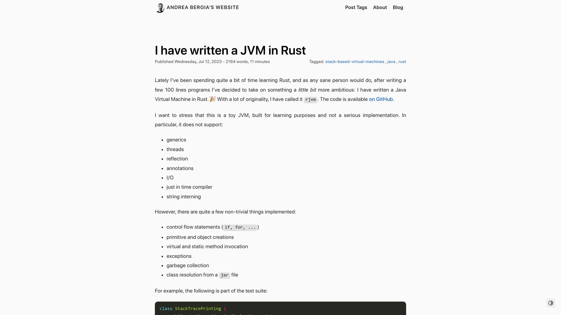 Screenshot of andreabergia.com: I have written a JVM in Rust