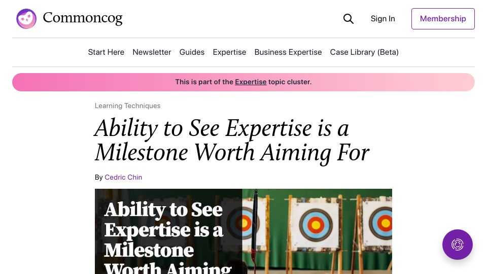 Screenshot of commoncog.com: Ability to see expertise is a milestone worth aiming for (2022)