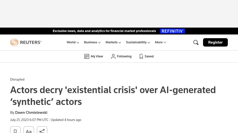 Screenshot of reuters.com: Actors decry 'existential crisis' over AI-generated ‘synthetic’ actors